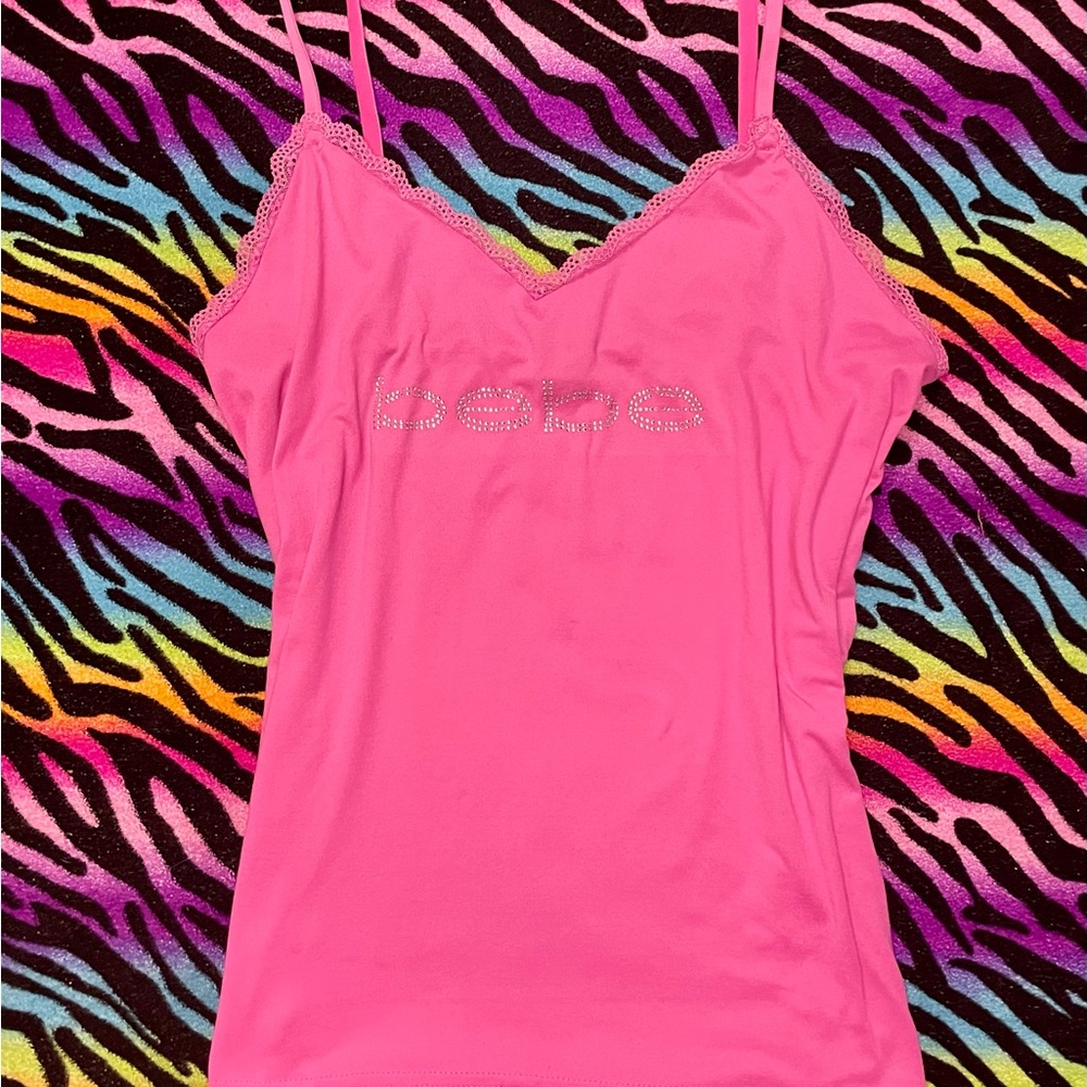 Y2k Vintage bebe Hot Pink Rhinestone Logo Lace-Trim Camisole